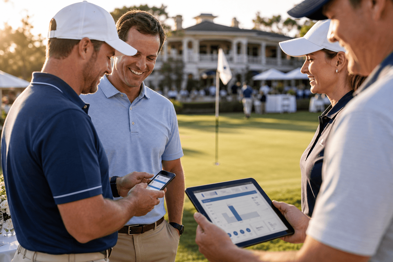 Golfers reviewing live scoring and leaderboard details on mobile devices near the 18th green.
