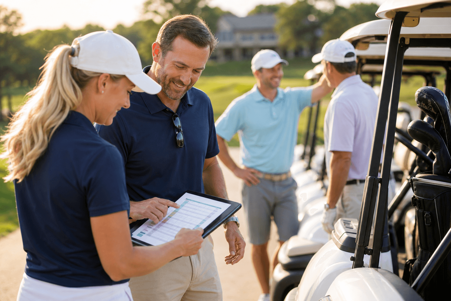 Golf event volunteers organizing team assignments beside a row of golf carts before players tee off.