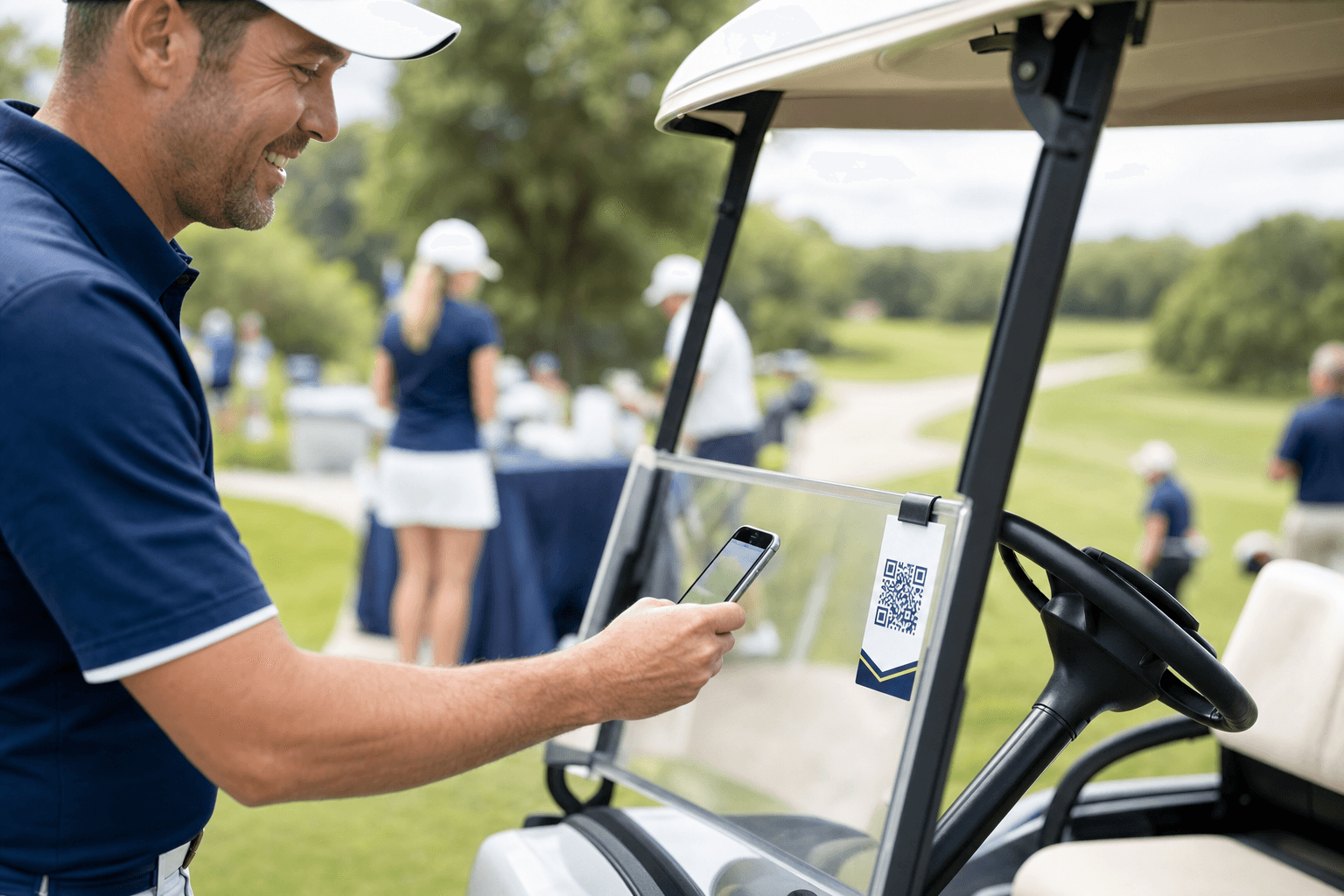 A golfer scanning a QR code card attached to a golf cart during a charity golf event.
