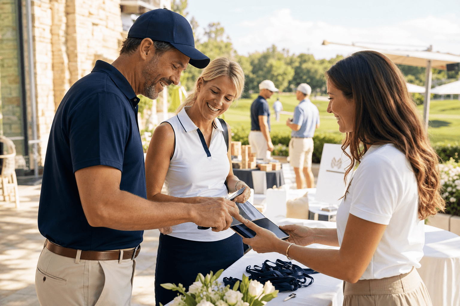 Golfers completing charity golf event registration and payment with a volunteer on a clubhouse patio.