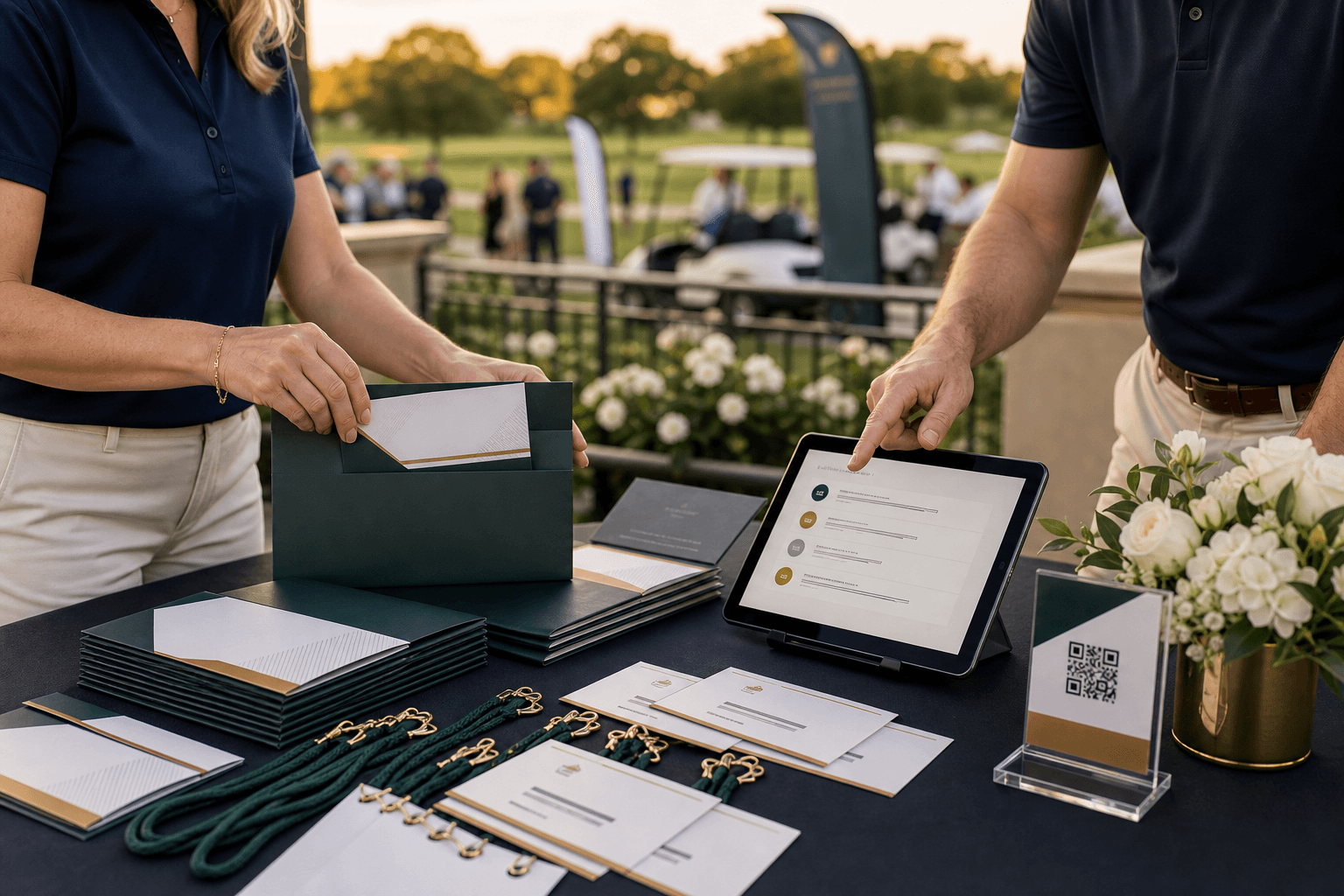 Charity golf event sponsor and organizer greeting each other beside tasteful tee signage on a golf course.